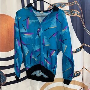 Teal Abstract Print Vintage Bomber Top